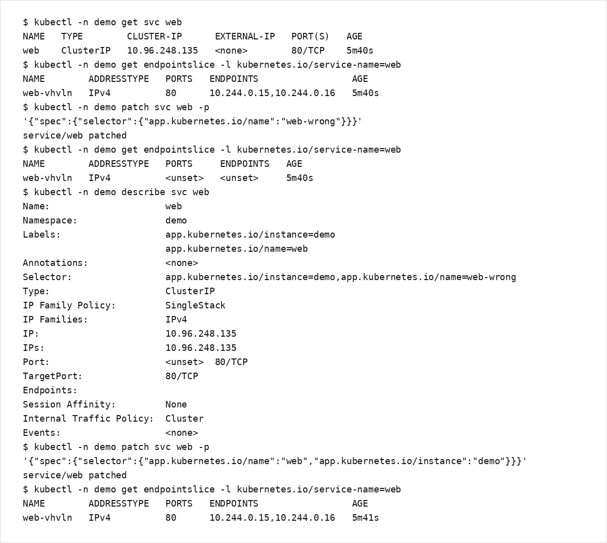 Service の selector 不整合の切り分け（例）