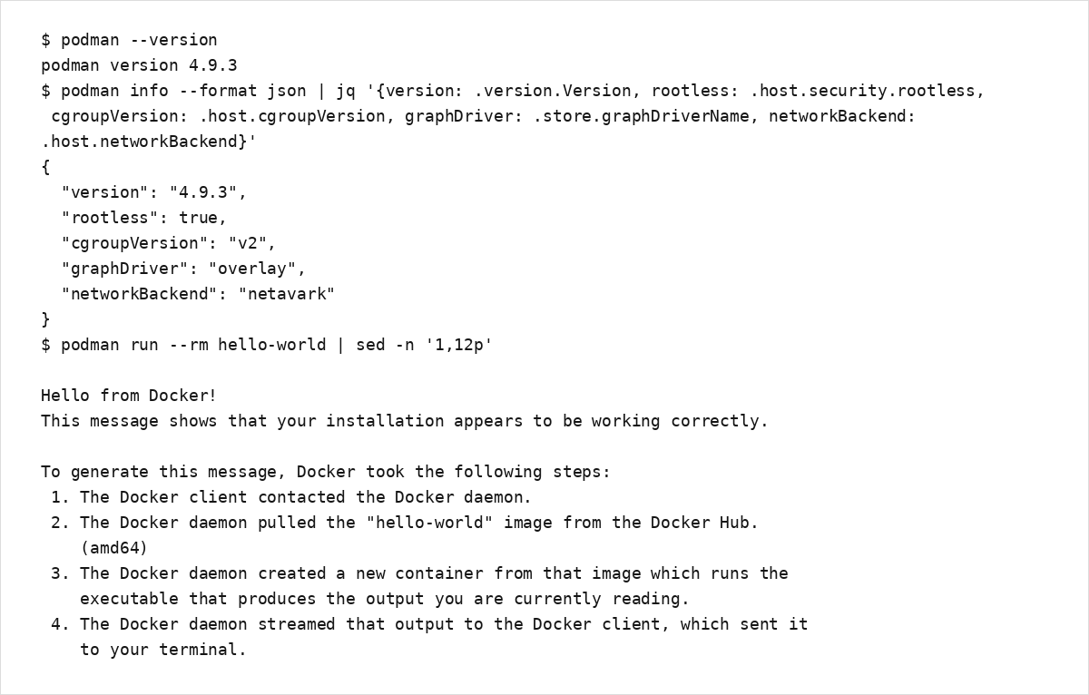 Podman セットアップ確認の出力例