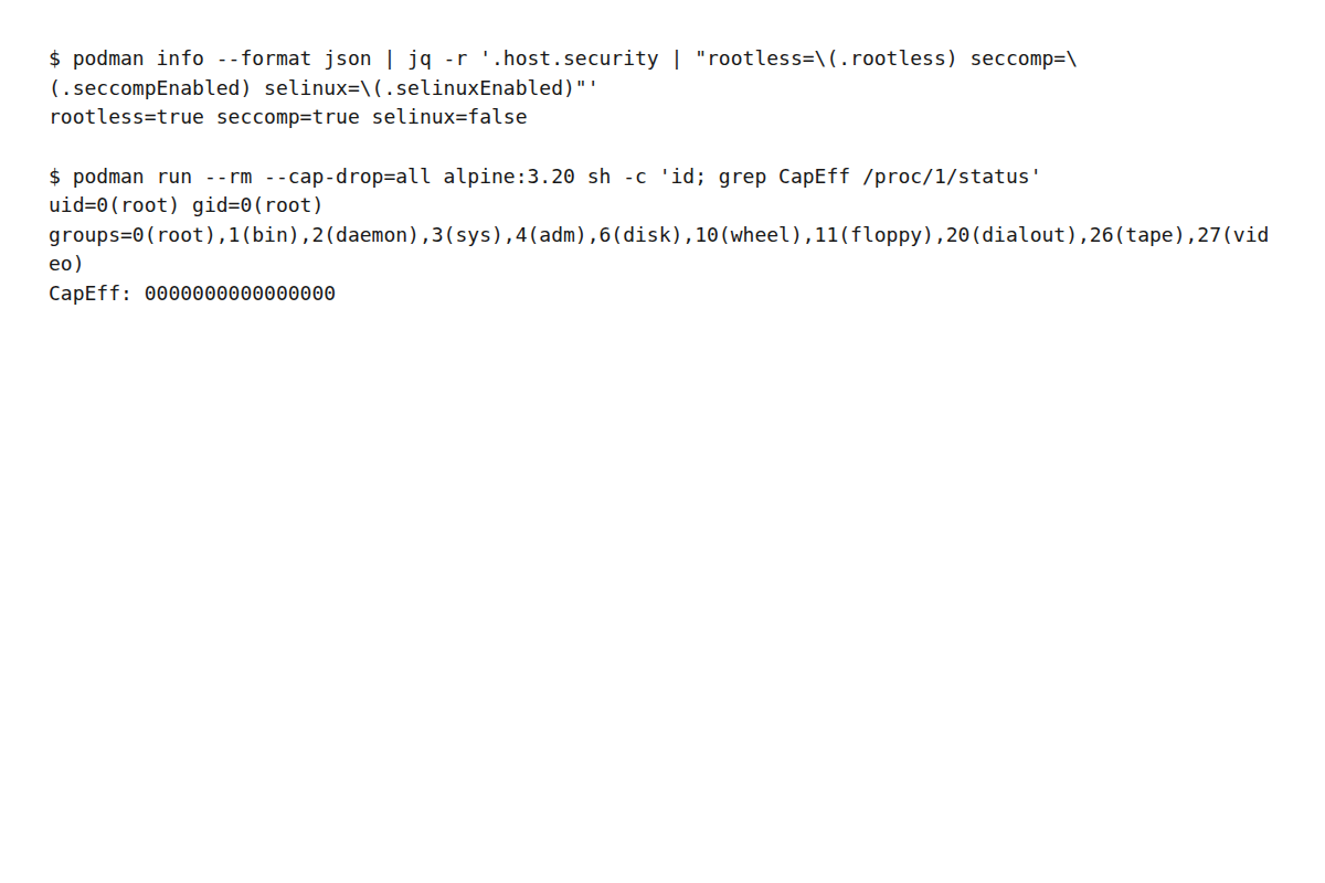 rootless・seccomp・capability削除の実行境界を判断する出力