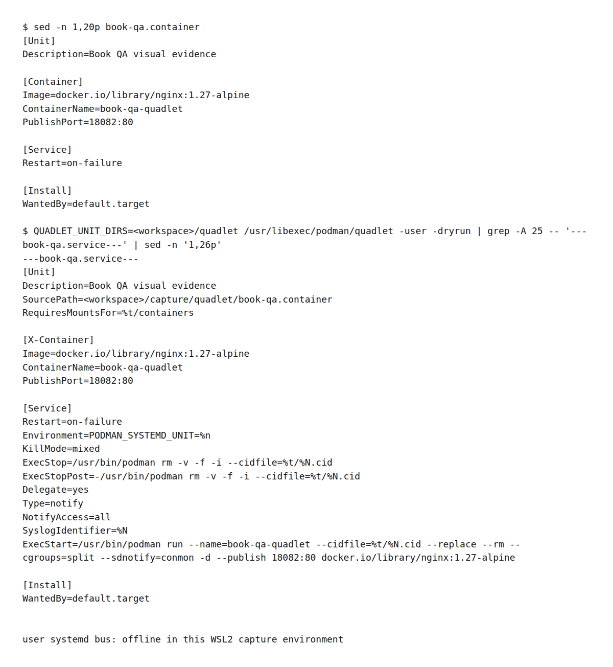 Quadlet定義が期待するsystemd unitへ変換されるか判断するdry-run出力