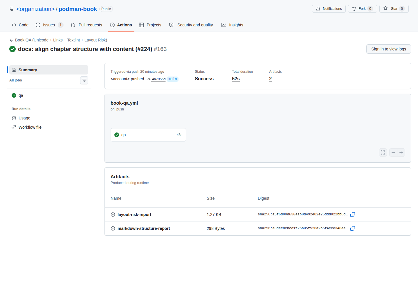 GitHub Actionsでcommit・job・artifactが同じ成功runへ対応するか判断する画面