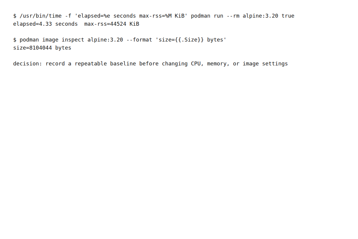 起動時間とimage sizeを変更前baselineとして判断する出力