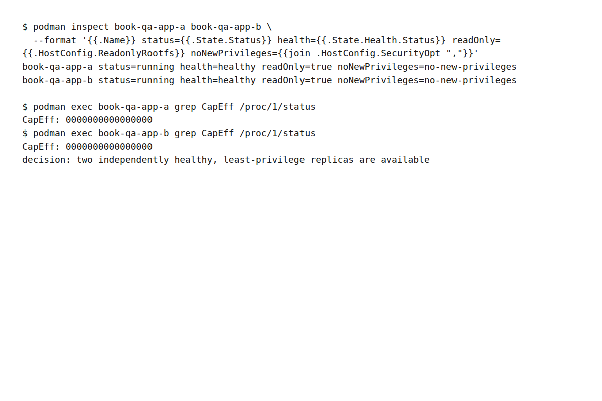 2 replicaのhealth・read-only・capability・no-new-privileges合否を判断する出力