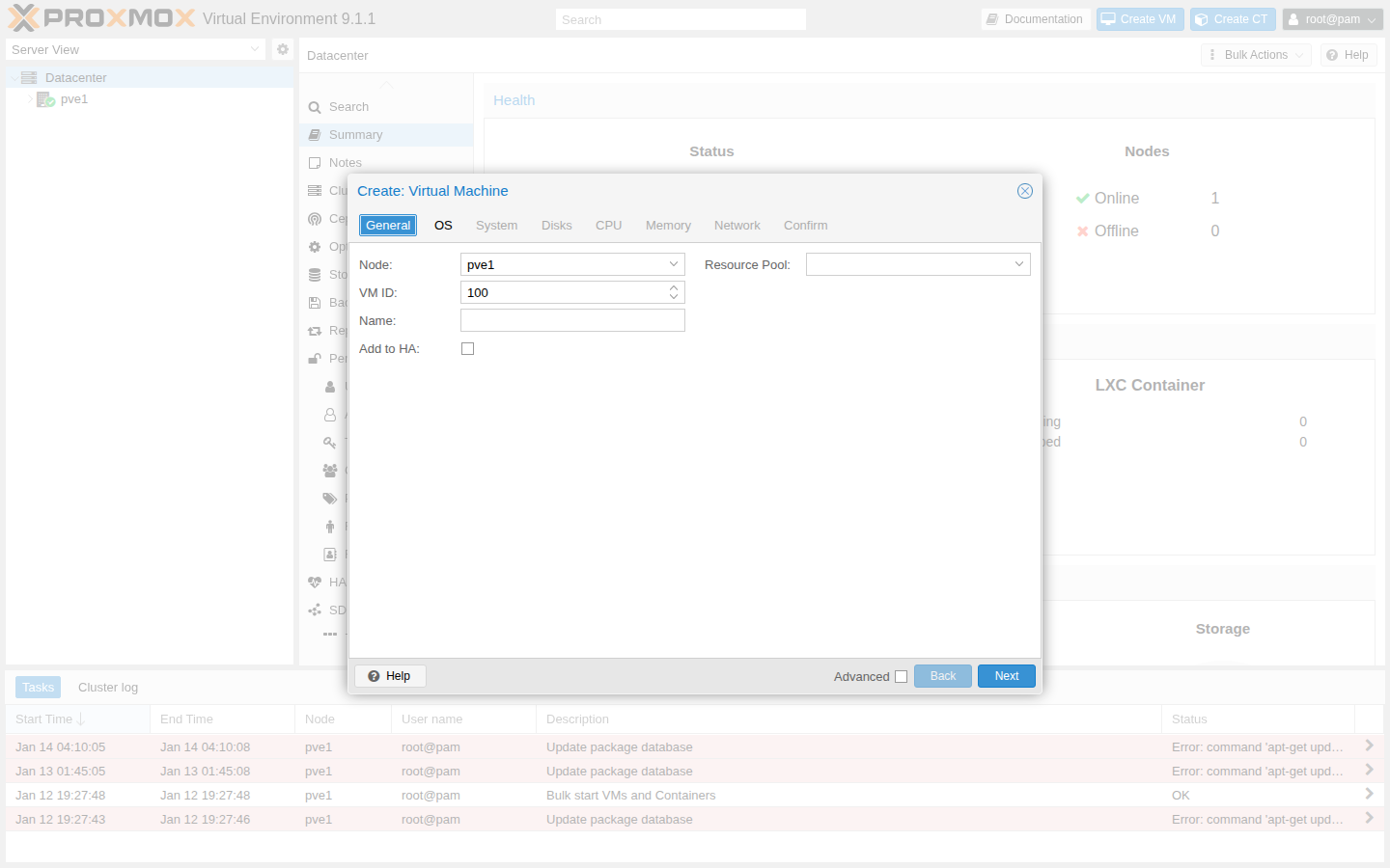 Create VM wizard: General（例）