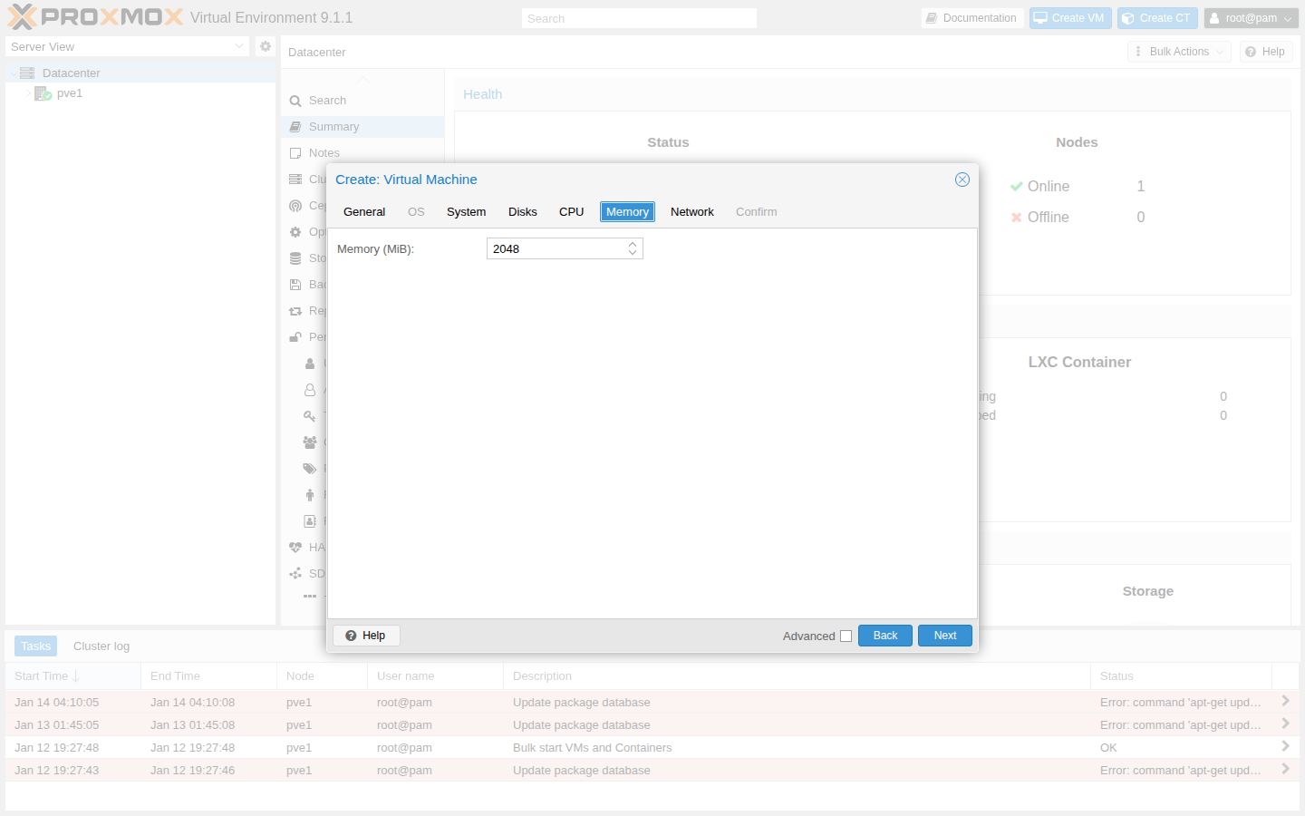 Create VM wizard: Memory（例）