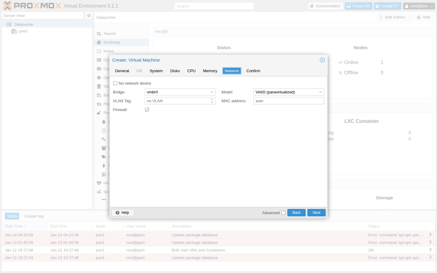 Create VM wizard: Network（例）